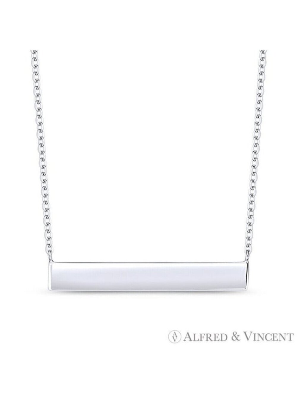 Long-Rectangle Bar ID Pendant & Chain Necklace in .925 Sterling Silver & Rhodium